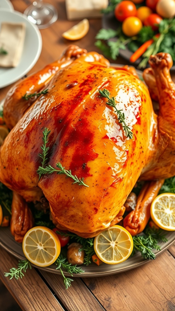 A golden-brown roast turkey garnished with thyme and lemon slices on a rustic table.